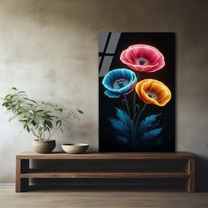 Glazen muurkunst bloemen – Abstract kleurrijk bloemenpaneel – Modern boho-huisdecoratie – Levendige kunstdruk op glas – Botanisch cadeau-idee