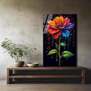 Glazen muurkunst bloemen – Abstract kleurrijk bloemenpaneel – Modern boho-huisdecoratie – Levendige kunstdruk op glas – Botanisch cadeau-idee