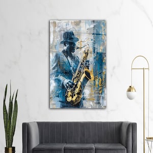 Jazz Saxophone Wall Art – Blue Gold Abstract Musician Glass Print, Modern Jazz Decor for Music Lovers