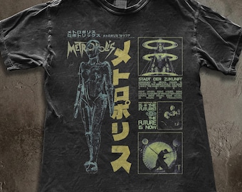 Koszulka Metropolis 1927 z robotem w stylu retro science fiction, odzież w stylu niemieckiego ekspresjonizmu, dystopijny cyberpunk