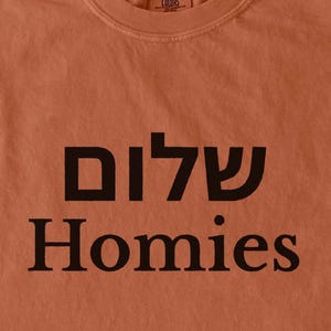 May include: A burnt orange t-shirt with the Hebrew word "Shalom" above the word "Homies" in a bold, black font. The shirt is made of a soft material and has a crew neck.
