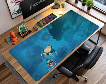 Snorlax Relaxing Mouse Pad - Floating Pokémon Scene with Gyarados Shadow, Gaming Desk Mat, Anime Decor Gift