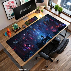 Cyberpunk Cityscape Mouse Pad - Neon Night Skyline with Futuristic Tech Glow, Gaming Desk Mat, Sci-Fi Decor, Gift