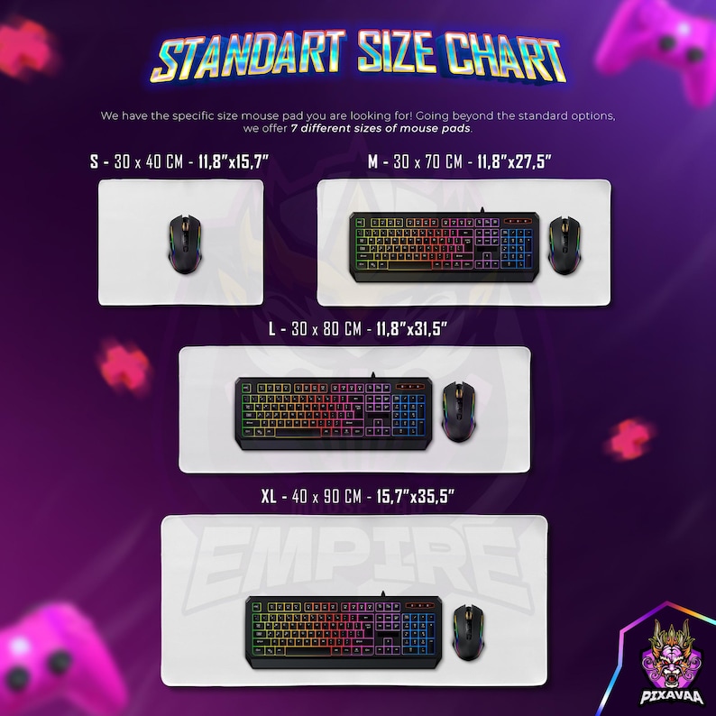 Puede incluir: Tabla de tallas de alfombrillas de rat&oacute;n, con diferentes tama&ntilde;os y medidas en cent&iacute;metros y pulgadas. Se muestran las tallas S, M, L y XL, cada una con un teclado y un rat&oacute;n. El texto "STANDART SIZE CHART" est&aacute; en la parte superior.
