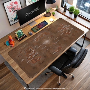 May include: A large brown desk mat with a detailed map design, featuring various regions and text. The mat, measuring 23.6" x 47.2", is placed on a wooden desk with a computer, keyboard, and mouse. The desk is near a window and a black office chair.
