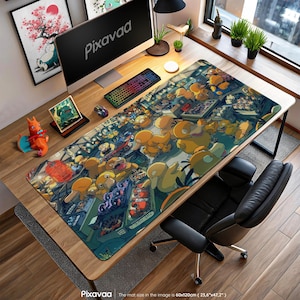 Psyduck Night Market Mouse Pad - Funny Urban Pokémon Street Art, Kanto Duck Chaos Design, Anime Gaming Desk Mat Gift