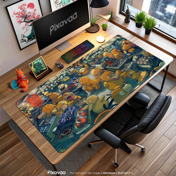 Psyduck Night Market Mouse Pad - Funny Urban Pokémon Street Art, Kanto Duck Chaos Design, Anime Gaming Desk Mat Gift
