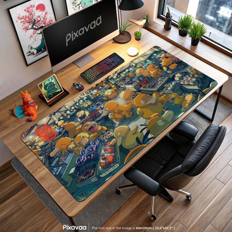 Psyduck Night Market Mouse Pad - Funny Urban Pokémon Street Art, Kanto Duck Chaos Design, Anime Gaming Desk Mat Gift
