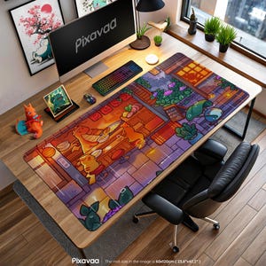 May include: A large rectangular desk mat with a colorful cartoon illustration. The design features a restaurant scene with animated characters, food, and a brick-paved street. The mat is 23.6 inches by 47.2 inches. A computer, keyboard, and mouse sit on the mat.