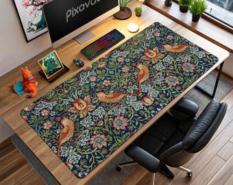 William Morris Strawberry Thief Mouse Pad - Arts & Crafts Bird Floral Desk Mat, Vintage Blue Decor, Gift for Her Office