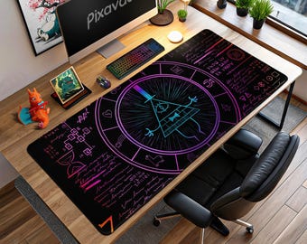 Tappetino per mouse Bill Cipher Gravity Falls - Tappetino da gioco Neon Mystery Wheel, Decorazione da scrivania Illuminati, Regalo con codice cifrato