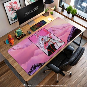 May include: A pink and purple desk mat featuring a mountain landscape design and an anime-style illustration of a robot. The mat, measuring 23.6" x 47.2", has the text "Pixavaa" at the bottom. A computer, keyboard, and mouse are on the desk.