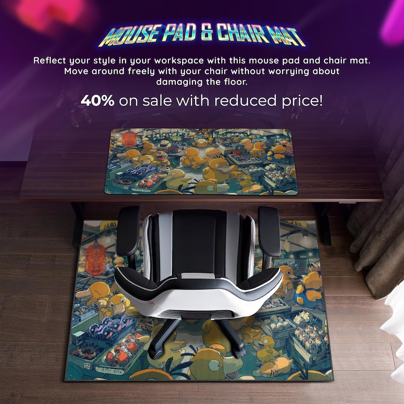 Psyduck Night Market Mouse Pad - Funny Urban Pokémon Street Art, Kanto Duck Chaos Design, Anime Gaming Desk Mat Gift