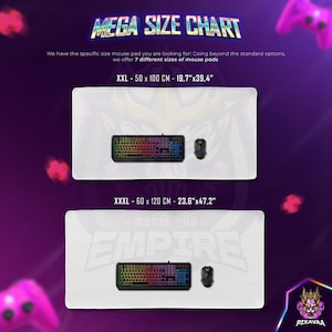 Puede incluir: Tabla de tallas de alfombrilla de rat&oacute;n blanca con el texto "MEGA SIZE CHART". La tabla muestra dos tama&ntilde;os: XXL, 50 x 100 cm, y XXXL, 60 x 120 cm. Cada alfombrilla tiene un teclado y un rat&oacute;n. El fondo es morado.