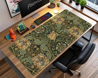William Morris Poppy Desk Mat - Arts & Crafts Botanical Mouse Pad, Forest Green Floral Design, Antique Style Decor Gift