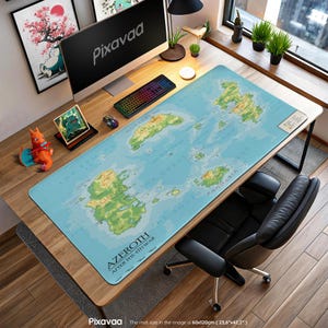 May include: A large blue desk mat with a map design, featuring landmasses in shades of green and brown, and text that reads "Azeroth After the 4th War." The mat is 23.6" x 47.2" and covers a wooden desk, with a keyboard and mouse visible.