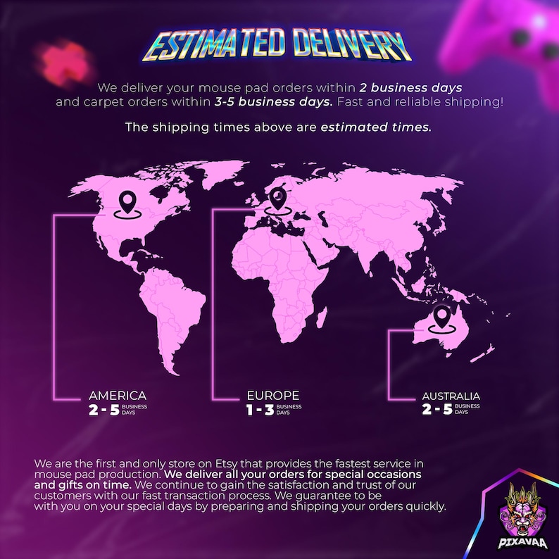 Puede incluir: Gr&aacute;fico que muestra un mapa del mundo en rosa con marcadores de ubicaci&oacute;n y texto que indica los tiempos de entrega estimados para alfombrillas de rat&oacute;n y alfombras. El texto dice "ESTIMATED DELIVERY" y especifica los tiempos de entrega.