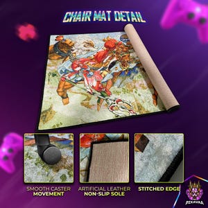 Puede incluir: Una alfombrilla para silla de juego con un colorido dise&ntilde;o de arte fant&aacute;stico. La alfombrilla presenta un movimiento suave de la rueda, una suela antideslizante de cuero artificial y un borde cosido. El texto "CHAIR MAT DETAIL" est&aacute; en la parte superior.