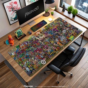 May include: A rectangular desk mat featuring a colorful collage of comic book characters. The mat, measuring 23.6" x 47.2", has a green border and includes the text "X-MEN". A computer, keyboard, and mouse sit on the mat.