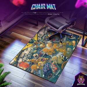 Puede incluir: Alfombra de silla rectangular con una colorida ilustraci&oacute;n de dibujos animados. La alfombra presenta una escena vibrante con personajes amarillos en un entorno urbano. El texto en la alfombra dice "CHAIR MAT" y "You can also find rugs to match your mouse pads in our store, add elegance to your space with design integrity!"