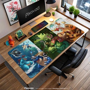 May include: A wooden desk with a computer, keyboard, and mouse, featuring multiple gaming mouse pads with colorful illustrations of cartoon characters. The desk also has decorative items and a black office chair. The mat size is 23.6"x47.2".