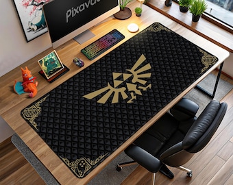 Triforce Crest Mouse Pad - Zelda Black & Gold Hylian Symbol Desk Mat, Gamer Gift, Hyrule Office Decor