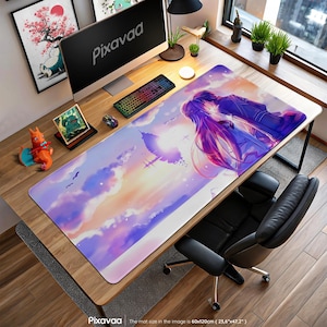 SAO Sunset Mouse Pad - Kirito & Asuna Floating Castle Scene, Anime Gaming Desk Mat, Sword Art Online Gift Idea