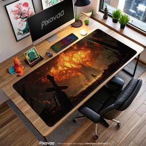 World of Warcraft Tree of Fire Mouse Pad - Epic Fantasy Warrior Scene Gaming Mat, WoW Desk Decor, MMO Gift, Battle Setup