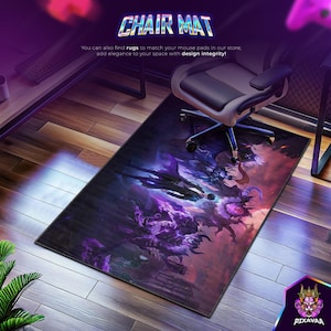 May include: Rectangular chair mat with a fantasy art design in shades of purple, blue, and red. The mat features a detailed illustration of mythical creatures and figures. The words "CHAIR MAT" are displayed at the top.