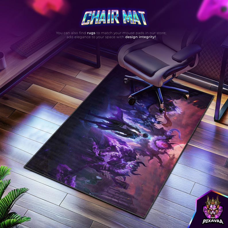 May include: Rectangular chair mat with a fantasy art design in shades of purple, blue, and red. The mat features a detailed illustration of mythical creatures and figures. The words "CHAIR MAT" are displayed at the top.
