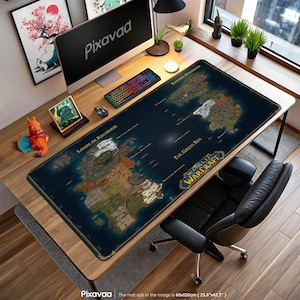 Tapis de bureau World of Warcraft Azeroth - Tapis de souris détaillé carte WoW, Kalimdor et royaumes de l&#39;Est, cadeau de configuration pour joueur MMO