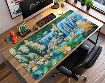 Muismat Psyduck Waterfall - Leuke Pokémon-natuurscène, Kanto-watertype kunst, anime-bureaumat, ontspannend gamingcadeau