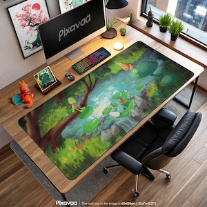 May include: A large rectangular desk mat with a detailed illustration of a forest scene with a river and cartoon characters. The mat measures 60x120cm (23.6"x47.2") and has the text "Pixavaa" at the bottom.
