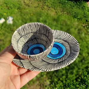 Handmade Evil Eye Coffee Cup and Saucer Set: Black & Blue Ceramic Nazar Mug