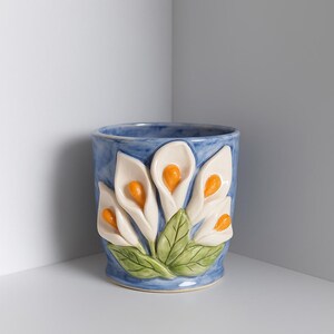 Blue Floral Ceramic Mug: Handmade Pottery Coffee Cup