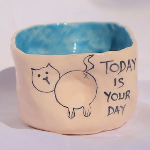 Cat Design Ceramic Cup, Handmade Handleless Mug 200ml, Pottery Coffee Cup with Quote, Cute Gift for Cat and Coffee Lovers