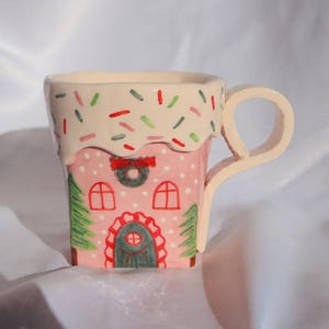 Christmas Sugar House Mug 150ml, Handmade Ceramic Cup with Handle, Festive Holiday Pottery, Unique Xmas Gift for Coffee Lovers
