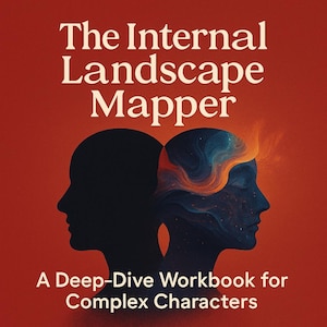 Puede incluir: Portada de libro con el título "The Internal Landscape Mapper" en texto blanco sobre fondo rojo. Dos perfiles humanos silueteados se enfrentan. Uno está lleno de un diseño cósmico, el otro es negro sólido. Debajo, el texto dice "A Deep-Dive Workbook for Complex Characters."