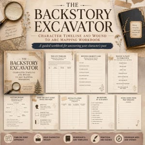 Può includere: Il quaderno di esercizi The Backstory Excavator per la cronologia dei personaggi e la mappatura delle ferite presenta una raccolta di pagine stampate con sezioni per linee temporali, schede dei momenti decisivi e pianificatori.