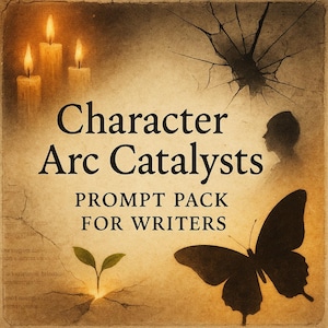 Może przedstawiać: Grafika w stylu vintage z tekstem "Character Arc Catalysts: Prompt Pack for Writers". Obraz przedstawia zapalone świece, sylwetkę motyla, kiełkującą roślinę i sylwetkę człowieka.