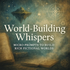 May include: An artistic image with the text "World-Building Whispers" and "Micro-Prompts to Build Rich Fictional Worlds." The background features a floating island, stars, and an open book, evoking a fantasy theme.