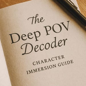 May include: An open book with the title "The Deep POV Decoder" in elegant script. Below, the text reads "Character Immersion Guide." A black pen rests on the page, suggesting a study or writing environment. The book's pages are a light beige color.