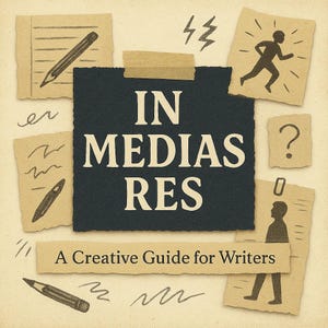 May include: Illustration with the text "IN MEDIAS RES" on a dark blue background, with the subtitle "A Creative Guide for Writers." The image includes sketches of pencils, paper, and a running figure, suggesting a writing theme.