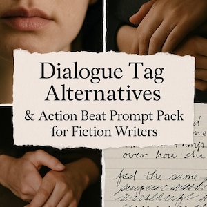 May include: A torn paper with the text "Dialogue Tag Alternatives & Action Beat Prompt Pack for Fiction Writers" in black. The image includes a close-up of a person's lips and hands.