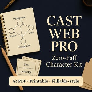 以下が含まれることがあります： キャラクターの関係図が描かれたスパイラル綴じのノート、鉛筆、そして「Fear」と「Leverage」と書かれたインデックスカード。テキスト「CAST WEB PRO Zero-Faff Character Kit」が表示されています。「A4 PDF • Printable • Filllable-style」の文字も確認できます。