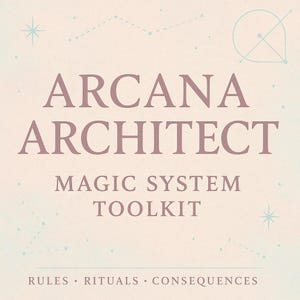 May include: A light beige background with the words "ARCANA ARCHITECT" in mauve. Below, it reads "MAGIC SYSTEM TOOLKIT". The bottom of the image says "RULES • RITUALS • CONSEQUENCES". There are light blue star and geometric designs.
