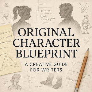 Op de afbeelding: Een boekcover met de titel "ORIGINAL CHARACTER BLUEPRINT" in zwarte letters. De cover toont potloodschetsen van een man en een vrouw, samen met andere tekeningen en tekst. De ondertitel luidt "A CREATIVE GUIDE FOR WRITERS".