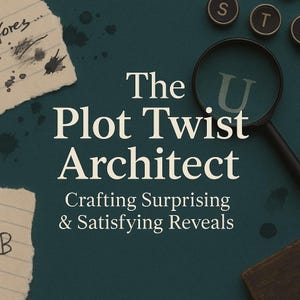 Puede incluir: Fondo verde oscuro con el texto "The Plot Twist Architect" en blanco. Una lupa se enfoca en la letra "U". El texto "Crafting Surprising & Satisfying Reveals" está debajo.