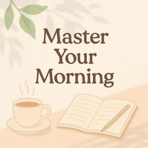 May include: A watercolor-style illustration with the text "Master Your Morning." The image features a cup of coffee on a saucer, an open notebook with a pencil, and a sprig of leaves. The background is a light beige color.