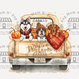 Hello Pawtumn Dog Truck PNG, Fall Pumpkin Patch Sublimation Design, Husky Bulldog Dachshund Clipart, Beige Vintage Truck Digital Download